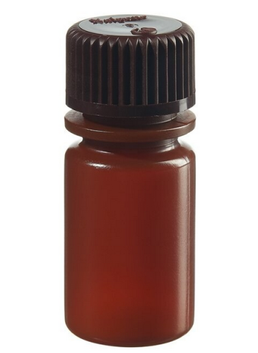 Nalgene Bottle, Small, Diagnostic, Round, Narrow-Mouth, Translucent Amber High-Density Polyethylene (HDPE) with Opaque Amber Polypropylene Cap, 15 mL, Bulk Packaging, 2000/CS, Thermo Scientific, 312084-9050