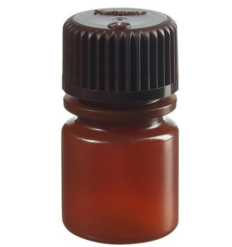 Nalgene Bottle, Small, Diagnostic, Round, Narrow-Mouth, Translucent Amber High-Density Polyethylene (HDPE) with Opaque Amber Polypropylene Cap, 8 mL, Bulk Packaging, 2000/CS, Thermo Scientific, 312084-9025