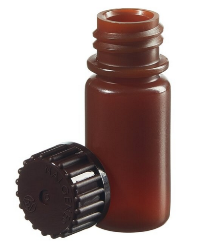 Nalgene Bottle, Small, Diagnostic, Round, Narrow-Mouth, Translucent Amber High-Density Polyethylene (HDPE) with Opaque Amber Polypropylene Cap, 4 mL, Bulk Packaging, 2000/CS, Thermo Scientific, 312084-9125