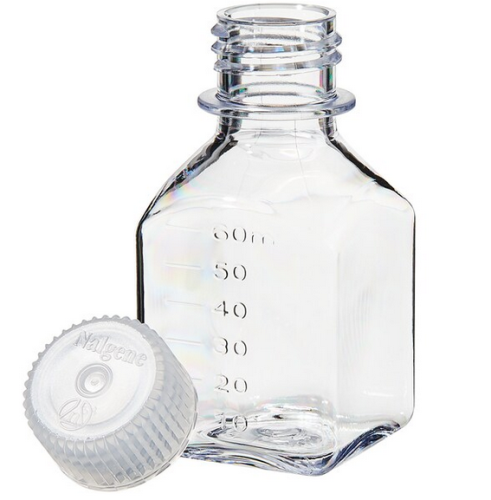 Nalgene Bottle, Square, Narrow-Mouth, Polycarbonate (PC) with Polypropylene (PP) Cap, Graduated, 60 mL, 96/CS, Thermo Scientific, 2015-0002