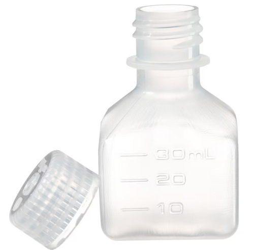 Nalgene Bottle, Square, Narrow-Mouth, Polypropylene Copolymer (PPCO) with Polypropylene (PP) Cap, Graduated, 30 mL, 72/CS, Thermo Scientific, 2016-0030