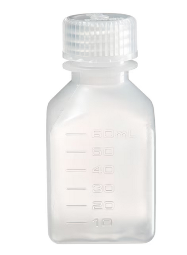 Nalgene Bottle, Square, Narrow-Mouth, Polypropylene Copolymer (PPCO) with Polypropylene (PP) Cap, Graduated, 60 mL, 72/CS, Thermo Scientific, 2016-0002
