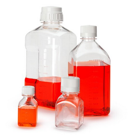 Nalgene Bottle, Square, Narrow-Mouth, Polyethylene Terephthalate Glycol, (PETG) with High-Density Polyethylene (HDPE) Cap, Sterile, Graduated, 500 mL, Shrink-Wrapped Trays, 24/CS, Thermo Scientific, 2019-0500