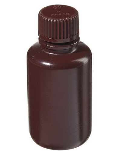 Nalgene Bottle, Boston Round, Narrow-Mouth, Opaque Amber High-Density Polyethylene (HDPE) Opaque Amber Polypropylene Cap, Bulk Packaged, 60 mL, 1000/CS, Thermo Scientific, 312004-0002