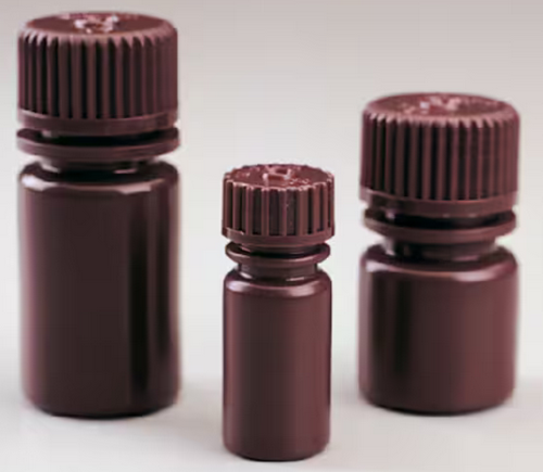 Nalgene Bottle, Small, Diagnostic, Round, Narrow-Mouth, Opaque Amber High-Density Polyethylene (HDPE) with Opaque Amber Polypropylene Cap, 4 mL, Tray Packaging, 1328/CS, Thermo Scientific, 322004-9125