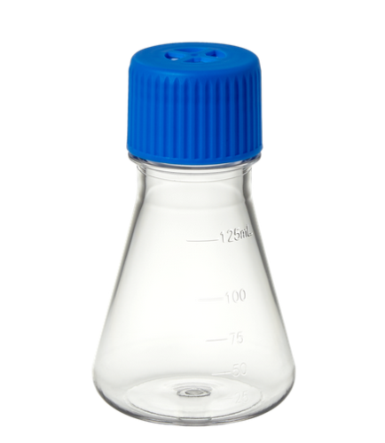 125 mL Erlenmeyer Flask, PETG, Flat Base, With Vented Screw Cap, Disposable, Sterile, 24/CS, MTC Bio, F4060-F