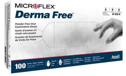 Gloves, Microflex Derma Free Vinyl Exam, Size X-Large, Powder-Free, 9.3 in. Cuffs, 100 Gloves/Package, Ansell, DF-850-M