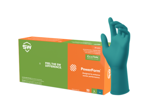 PowerForm Nitrile Powder-Free Exam Gloves, 7.1 mil Finger, Large (8.5 to 9), Extended Cuff, 50/PK, SW Safety Solutions, N127364