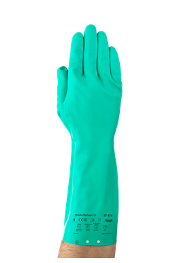 Gloves, Sol-Vex® Solvent Resistant 37-175, Size 8, 13 in. Length, 18 Mil, Flock-Lined, Nitrile, 12 pair/PK, Ansell, 117274