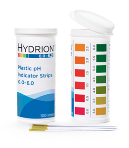 HYDRION Plastic pH Strips, 0.0-6.0 pH, 2-3/4 in. x 1/4 in., Packaged in Flip-Top Vial, 100/Vial, NOT SUITABLE FOR WATER