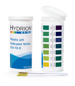 HYDRION Plastic pH Strips, 6.5-13.0pH, 2-3/4 in. x 1/4 in., Packaged in Flip-Top Vial, 100/Vial, NOT SUITABLE FOR WATER