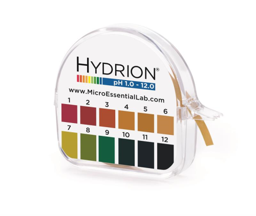 HYDRION pH Paper, pH Range 1-12.  Supplied with Color Chart Relating pH Values and Contains 15 feet of Test Paper, Micro Essential Laboratory, #50,  NOT SUITABLE FOR WATER