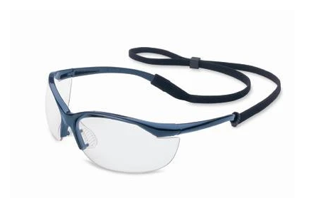 Safety Glasses, Uvex Vapor, Blue Metallic Frame, Wraparound Antifog Polycarbonate Lenses and Breakaway Flexicord