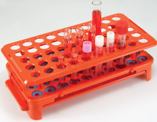 Rack with Grippers and Tube Eject, for up to 15 mm Tubes, 50-Place, Orange, Globe Scientific, 456926