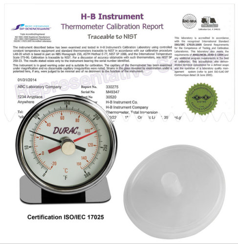 H-B DURAC Maximum Registering / Autoclave Bi-Metal Thermometer; -20 to 150 degrees C (0 to 300 degrees F), Individual Calibration Report, Bel Art,  B60215-0000