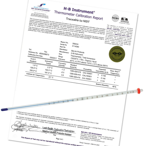 Thermometer, -1 to 101 degrees C, Certified Every 10 degrees Non-Mercury, Bel Art Products, B60205-1500