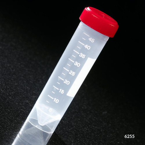 Transport Tube, 50 mL, with Separate Red Screw Cap, Polypropylene, Printed Graduations, Non-Sterile, Conical Bottom, Self-Standing, 500/CS, Globe Scientific, 6255