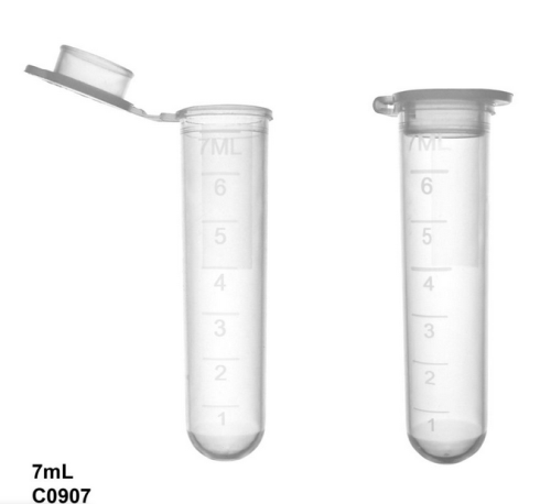 Centrifuge Tubes, 7 mL, Round Bottom with Attached Snap Cap, Polypropylene with Molded Graduations and Frosted Marking Area, Sterile, 1000/CS (10 Bags of 100), MTC Bio, C0907