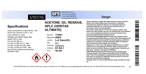 Acetone, GC Residue, HPLC, Veritas Ultimate, 4 L, GFS Chemicals, 17881
