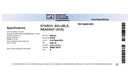 Starch, Soluble, ACS Grade, 500 g Poly Bottle, GFS Chemicals, 88312