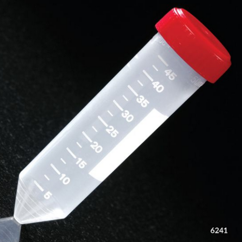 Centrifuge Tube, 50 mL, with Attached Red Screw Cap, Polypropylene, Printed Graduations, STERILE, 500/CS (20 Bags of 25), Globe Scientific, 6241