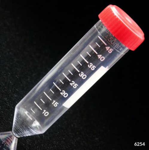 Centrifuge Tube, 50 mL, with Attached Red Screw Cap, Polystyrene, Printed Graduations, STERILE, 500/CS (20 Racks of 25), Globe Scientific, 6254
