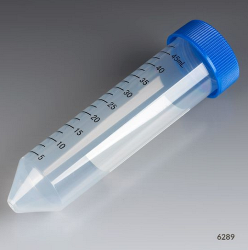 Centrifuge Tube, 50 mL, Attached Blue Flat Top Screw Cap, Polypropylene, Printed Graduations, STERILE,  500/CS (20 Bags of 25), Globe Scientific, 6289