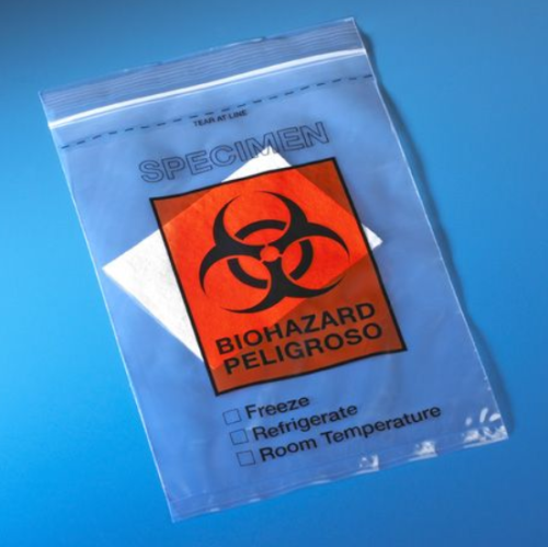Bag, Biohazard Specimen Transport, 6 in. x 9 in., Ziplock with Document Pouch and Tearzone, 1000/CS (10 Bags of 100), Globe Scientific, 4920