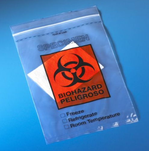 Bag, Biohazard Specimen Transport, 6 in. x 10 in., Ziplock with Score Line, Document Pouch and Absorbent Pad, 500/CS (5 Bags of 100), Globe Scientific, 4922