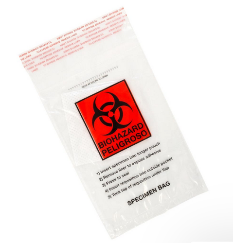 Bag, Biohazard Specimen Transport, 6 in. x 10 in., Glue Seal with Document Pouch and Absorbent Pad, CS/500, Globe Scientific, 4923