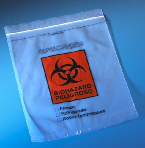 Bag, Biohazard Specimen Transport, 8 in. x 10 in., Ziplock with Score Line and Document Pouch, 1000/CS (10 PKs of 100), Globe Scientific, 4926
