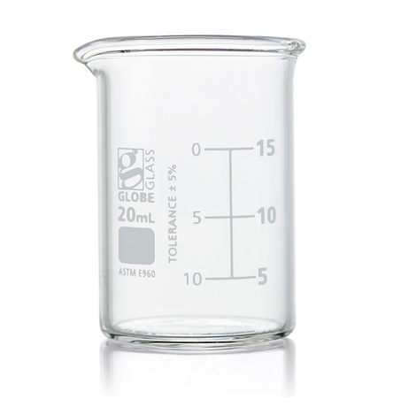 Beaker, Globe Glass, 20 mL, Low Form Griffin Style, Dual Graduations, ASTM E960, 48/CS, Globe Scientific, 8010020