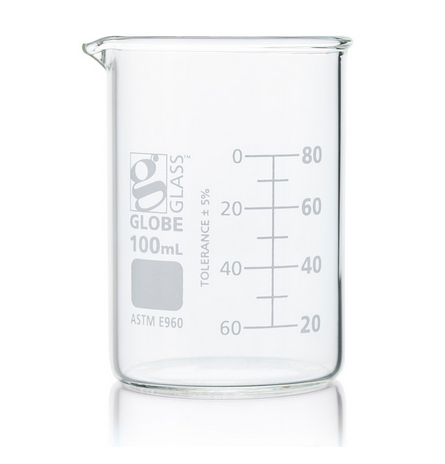 Beaker, Globe Glass, 100 mL, Low Form Griffin Style, Dual Graduations, ASTM E960, 48/CS, Globe Scientific, 8010100