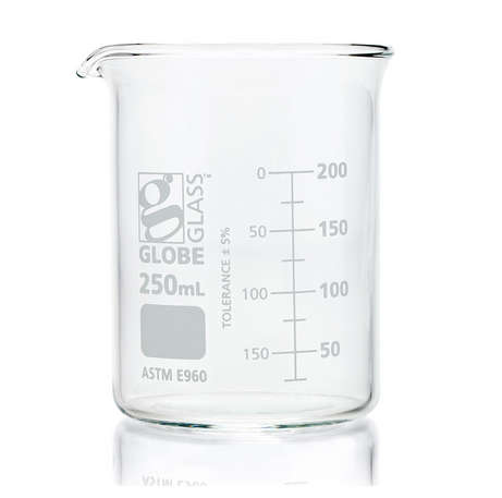 Beaker, Globe Glass, 250 mL, Low Form Griffin Style, Dual Graduations, ASTM E960, 48/CS, Globe Scientific, 8010250