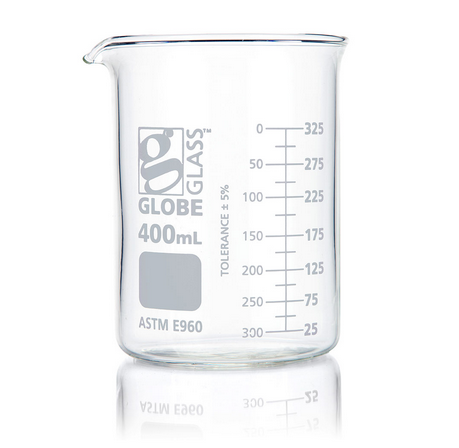 Beaker, Globe Glass, 400 mL, Low Form Griffin Style, Dual Graduations, ASTM E960, 48/CS, Globe Scientific, 8010400