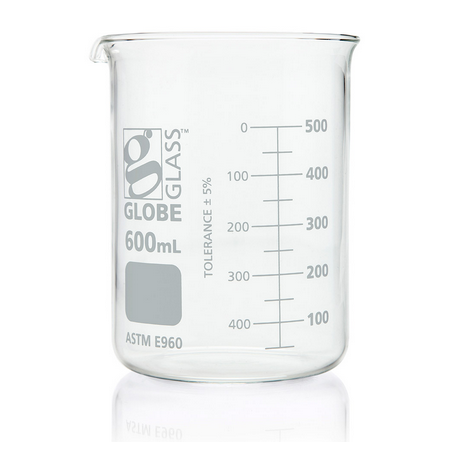 Beaker, Globe Glass, 600 mL, Low Form Griffin Style, Dual Graduations, ASTM E960, 36/CS, Globe Scientific, 8010600