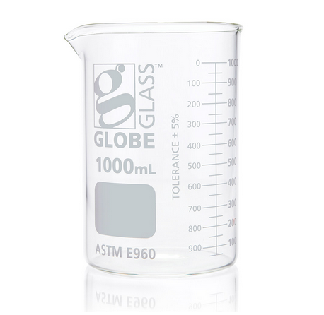Beaker, Globe Glass, 1000 mL, Low Form Griffin Style, Dual Graduations, ASTM E960, 24/CS, Globe Scientific, 8011000