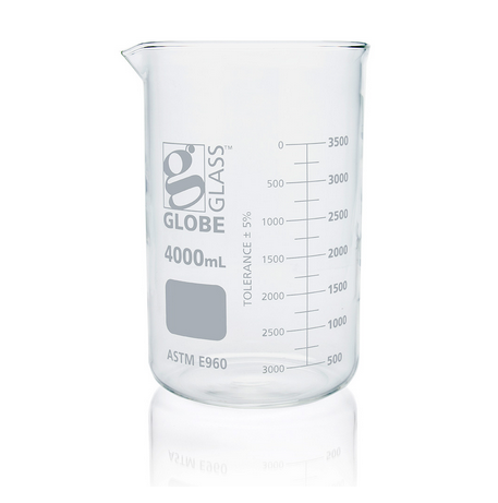 Beaker, Globe Glass, 4000 mL, Low Form Griffin Style, Dual Graduations, ASTM E960, 6/CS, Globe Scientific, 8014000