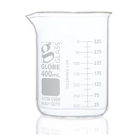 Beaker, Globe Glass, 400 mL, Low Form Griffin Style, Heavy Duty, Dual Graduations, ASTM E960, 48/CS, Globe Scientific, 8020400