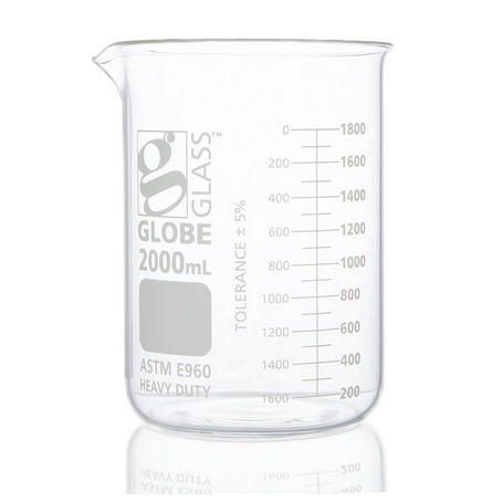 Beaker, Globe Glass, 2000 mL, Low Form Griffin Style, Heavy Duty, Dual Graduations, ASTM E960, 8/CS, Globe Scientific, 8022000