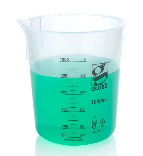 Beaker, Diamond Essentials, Griffin Style, Low Form, Printed Graduations, Polypropylene (PP), 1000 mL, 12/CS, Globe Scientific, 3650-1M