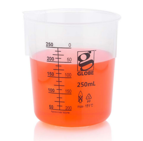 Beaker, Diamond Essentials, Griffin Style, Low Form, Printed Graduations, Polypropylene (PP), 250 mL, 36/CS, Globe Scientific, 3650-250