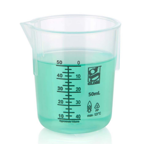 Beaker, Diamond Essentials, Griffin Style, Low Form, Printed Graduations, Polypropylene (PP), 50 mL, 48/CS, Globe Scientific, 3650-50