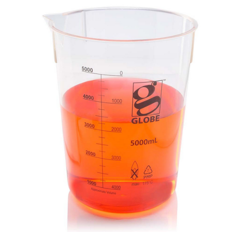 Beaker, Diamond Essentials, Griffin Style, Low Form, Printed Graduations, Polymethylpentene (PMP), 5000 mL, 4/CS, Globe Scientific, 3652-5M