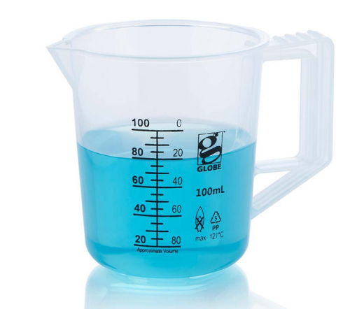 Beaker with Handle, Diamond Essentials, Low Form, Printed Graduations, Polypropylene (PP), 100 mL, 12/CS, Globe Scientific, 3654-100