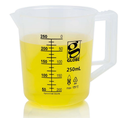 Beaker with Handle, Diamond Essentials, Low Form, Printed Graduations, Polypropylene (PP), 250 mL, 12/CS, Globe Scientific, 3654-250