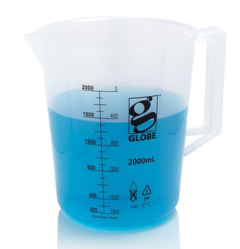 Beaker with Handle, Diamond Essentials, Low Form, Printed Graduations, Polypropylene (PP), 2000 mL, 4/CS, Globe Scientific, 3654-2M