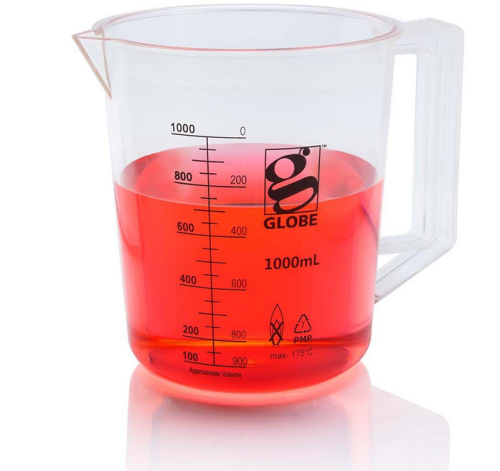 Beaker with Handle, Diamond Essentials, Low Form, Printed Graduations, Polymethylpentene (PMP), 1000 mL, 6/CS, Globe Scientific, 3656-1M