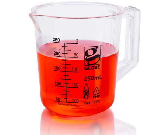 Beaker with Handle, Diamond Essentials, Low Form, Printed Graduations, Polymethylpentene (PMP), 250 mL, 12/CS, Globe Scientific, 3656-250