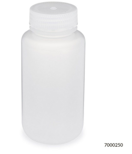 Bottle, Wide Mouth, Polypropylene (PP) Bottle, Attached Polypropylene (PP) Screw Cap, 250 mL, 72/CS (6 Bags of 12), Globe Scientific, 7000250